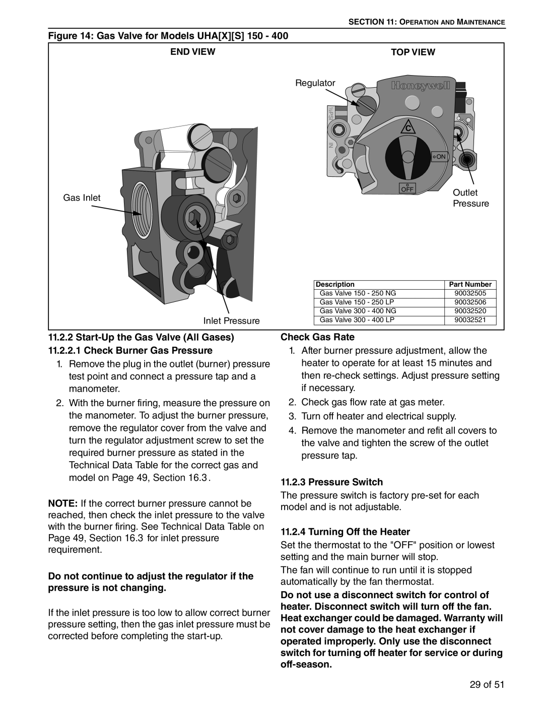 Roberts Gorden 300, 200, 350, 150, 400, 250, 225, 175 service manual Check Gas Rate, Pressure Switch, Turning Off the Heater 