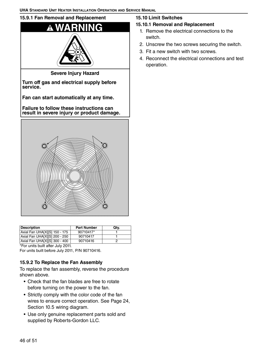 Roberts Gorden 225, 200, 350, 150, 400, 250, 300, 175 service manual To Replace the Fan Assembly 