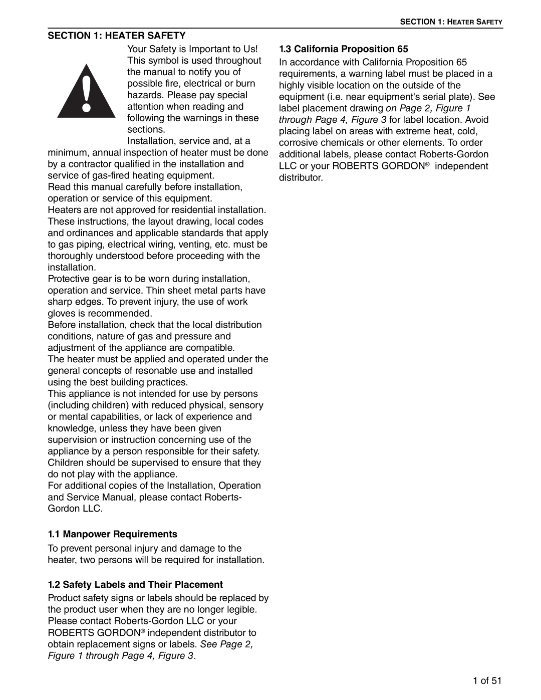 Roberts Gorden 350, 200 Heater Safety, Manpower Requirements, Safety Labels and Their Placement, California Proposition 