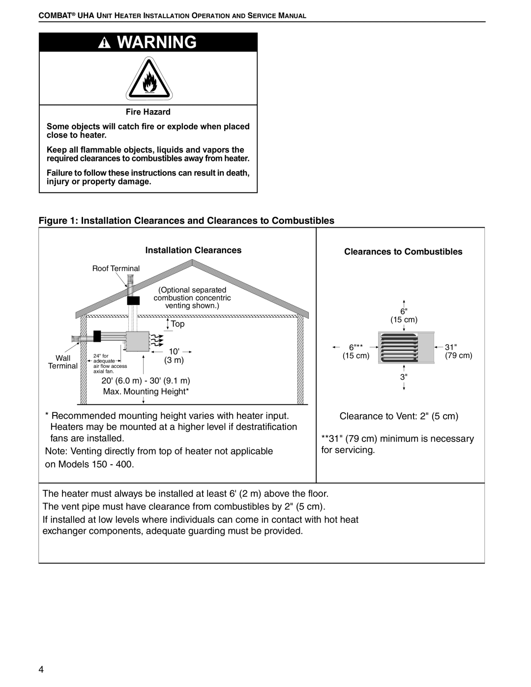 Roberts Gorden 150, 200, 350, 400, 250, 300, 225, 175 service manual Installation Clearances and Clearances to Combustibles 