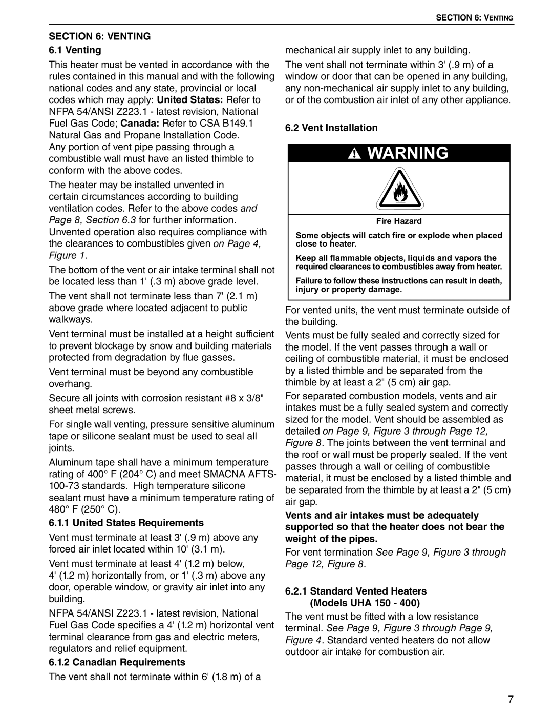 Roberts Gorden 300, 200, 350, 150 Venting 6.1 Venting, United States Requirements, Canadian Requirements, Vent Installation 