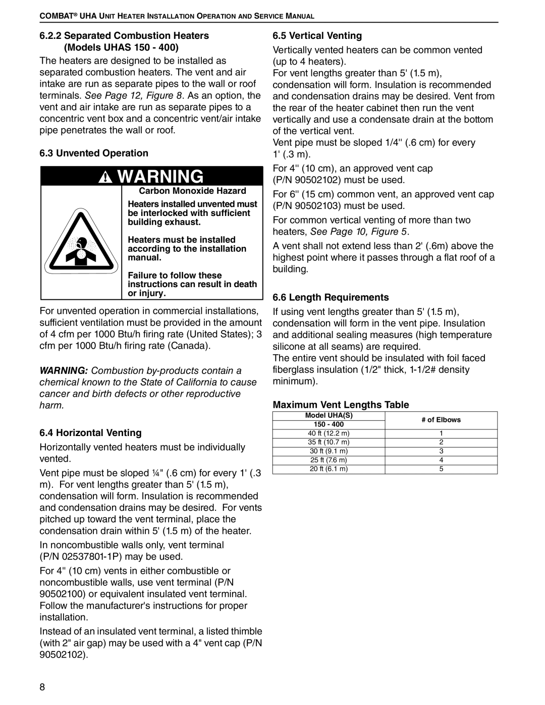 Roberts Gorden 225 Separated Combustion Heaters Models Uhas 150, Unvented Operation, Horizontal Venting, Vertical Venting 