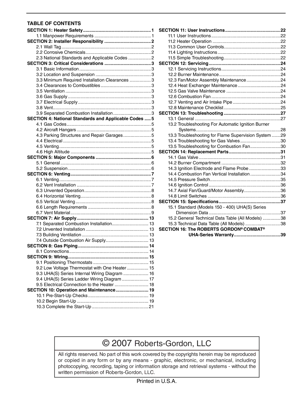 Roberts Gorden 400, 200, 350, 150, 250, 300, 225, 175 service manual Roberts-Gordon, LLC 