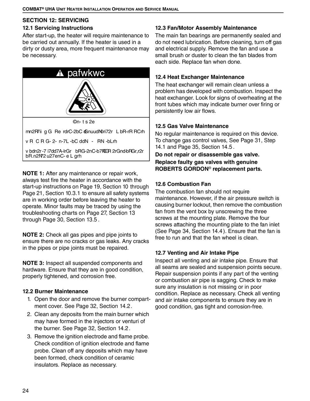 Roberts Gorden 225, 200, 350 Servicing 12.1 Servicing Instructions, Burner Maintenance, 12.3 Fan/Motor Assembly Maintenance 