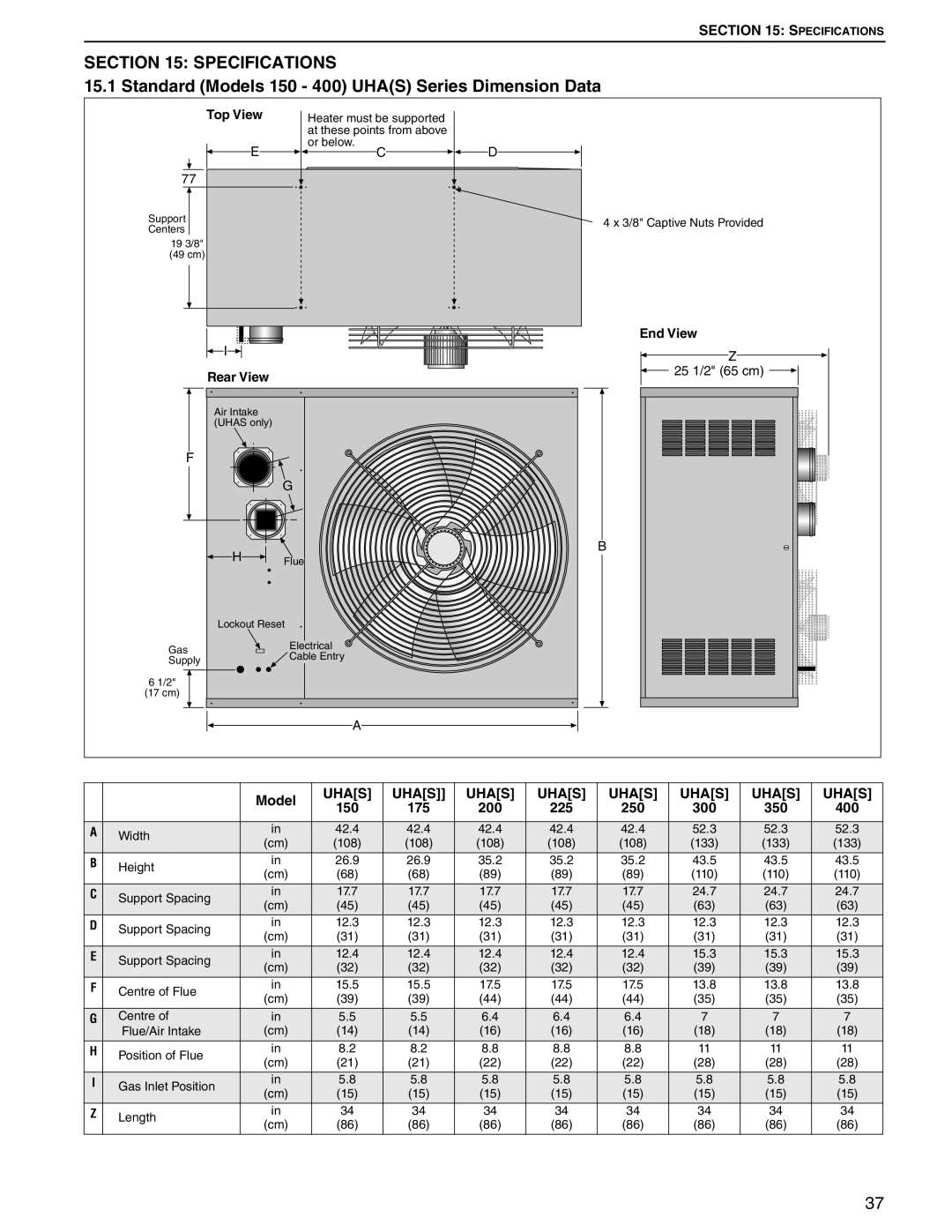 Roberts Gorden 200, 350, 250, 300, 225, 175 service manual Specifications, Standard Models 150 400 Uhas Series Dimension Data 