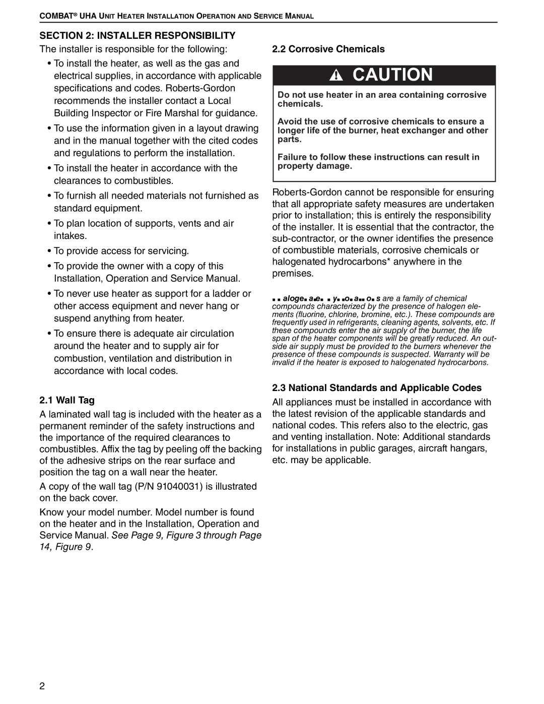 Roberts Gorden 200, 350 Installer Responsibility, Wall Tag, Corrosive Chemicals, National Standards and Applicable Codes 