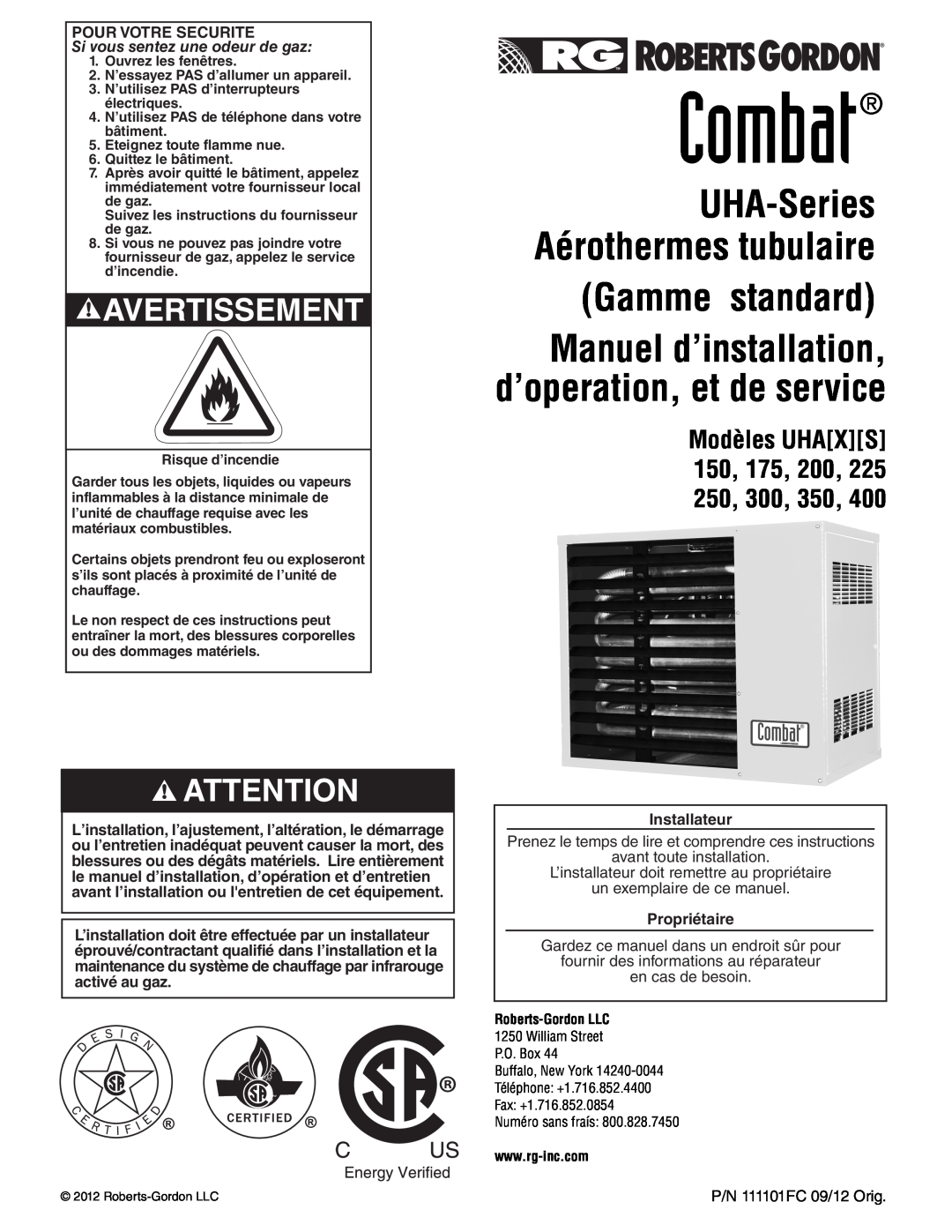 Roberts Gorden 400 service manual Gamme standard, Modèles UHAXS 150, 175, 200, 225 250, 300, 350, Combat, Avertissement 