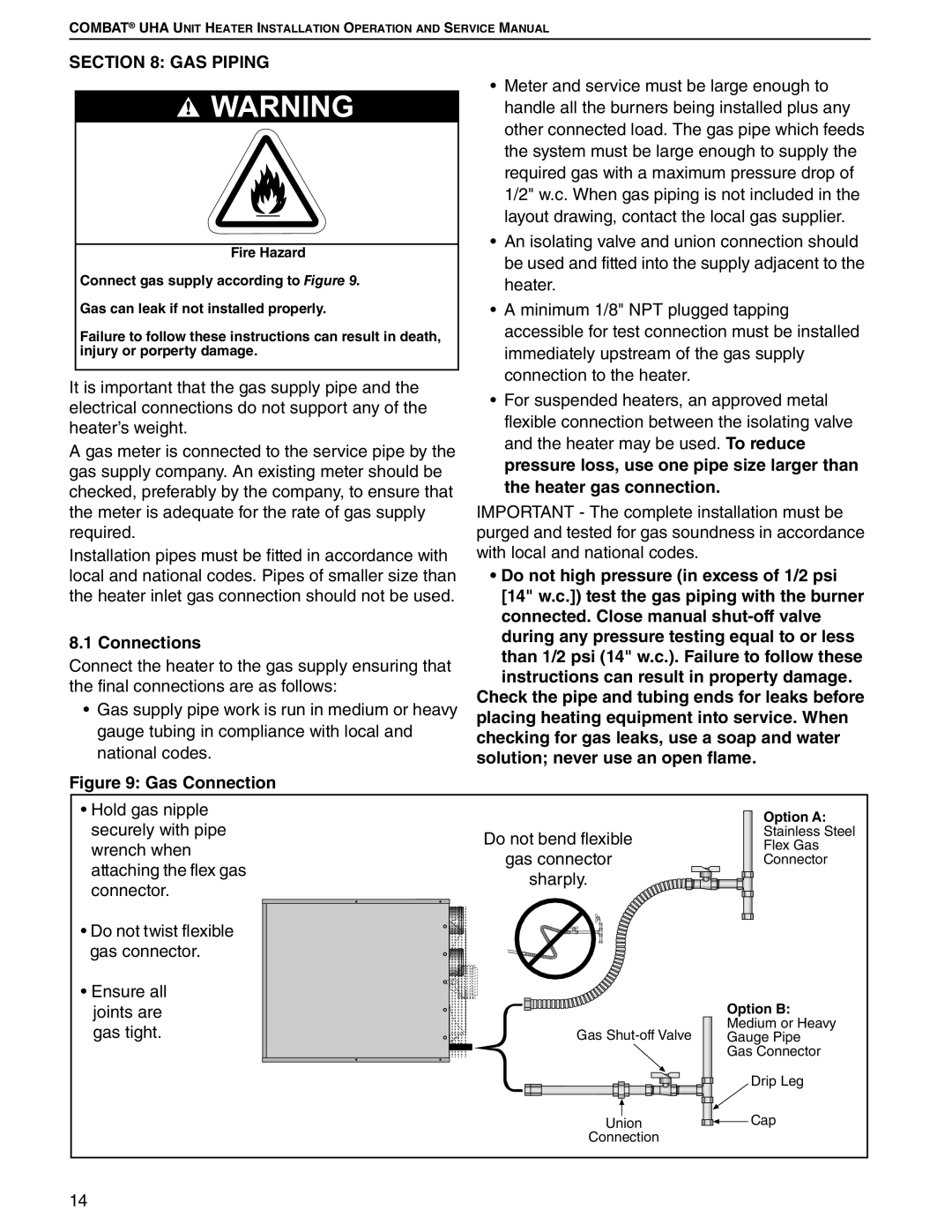 Roberts Gorden 250, 200, 350, 150, 400, 300, 225, 175 service manual Gas Piping, Connections, Gas Connection 