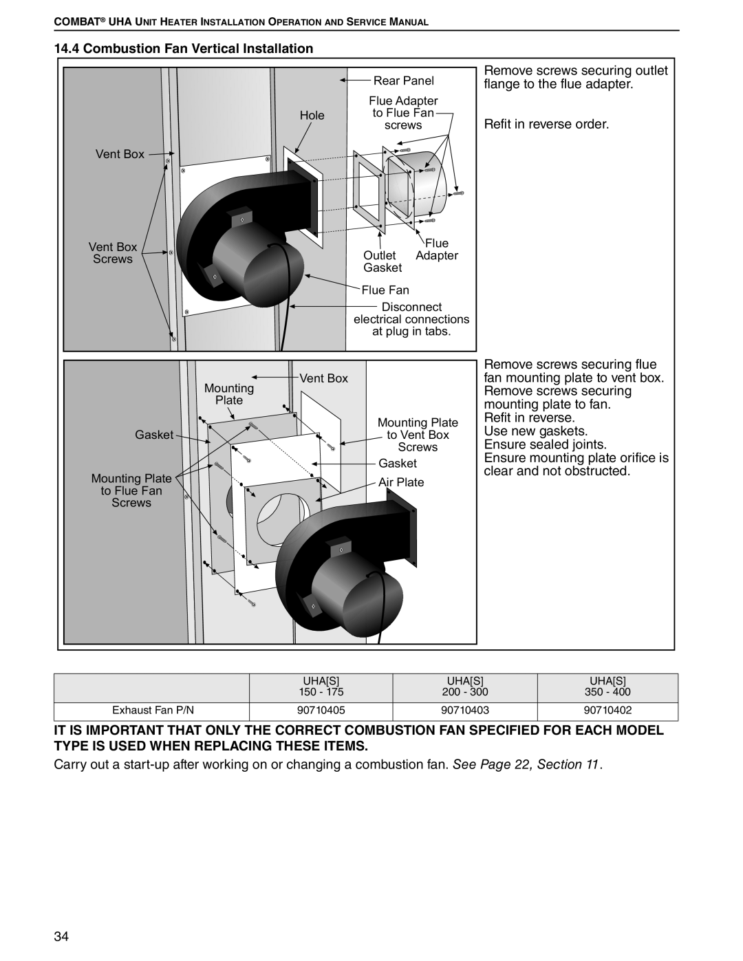 Roberts Gorden 200, 350, 150, 400, 250, 300, 225, 175 service manual Combustion Fan Vertical Installation 