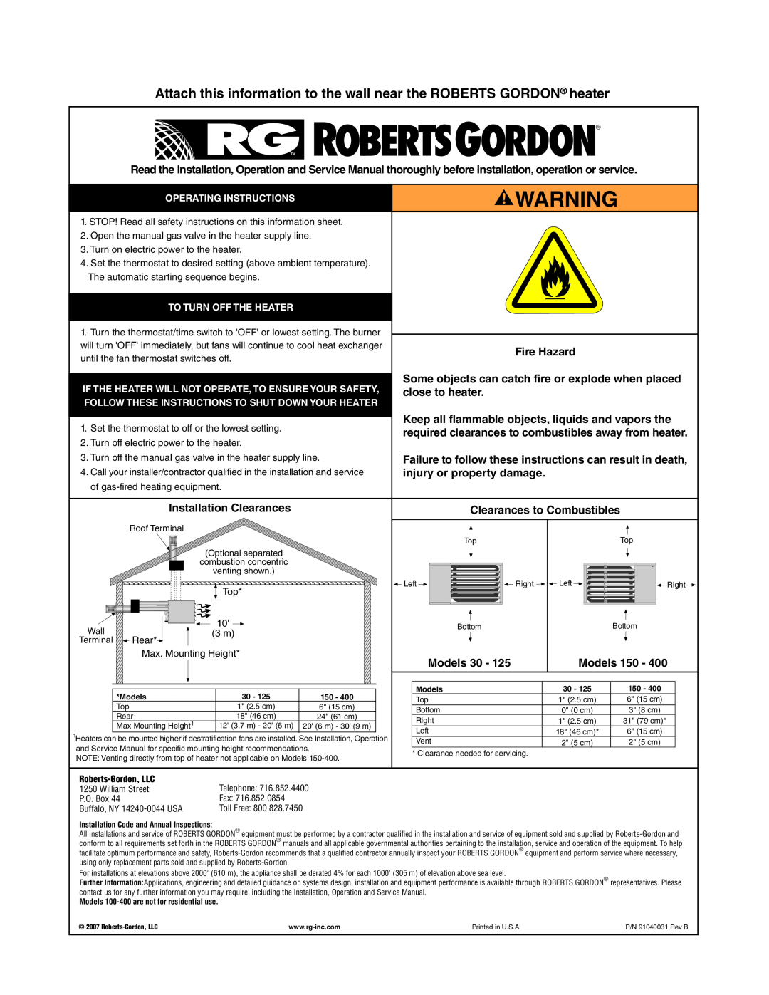 Roberts Gorden 200, 350, 150, 400 Fire Hazard, close to heater, injury or property damage, Installation Clearances, Models 