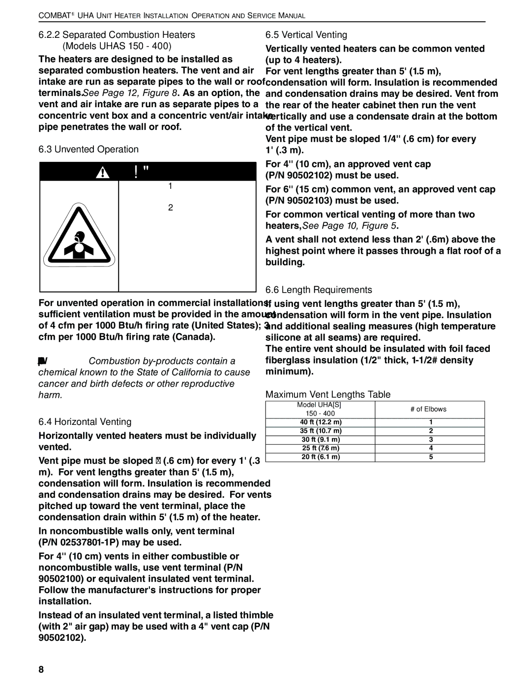 Roberts Gorden 200 Separated Combustion Heaters Models Uhas 150, Unvented Operation, Horizontal Venting, Vertical Venting 