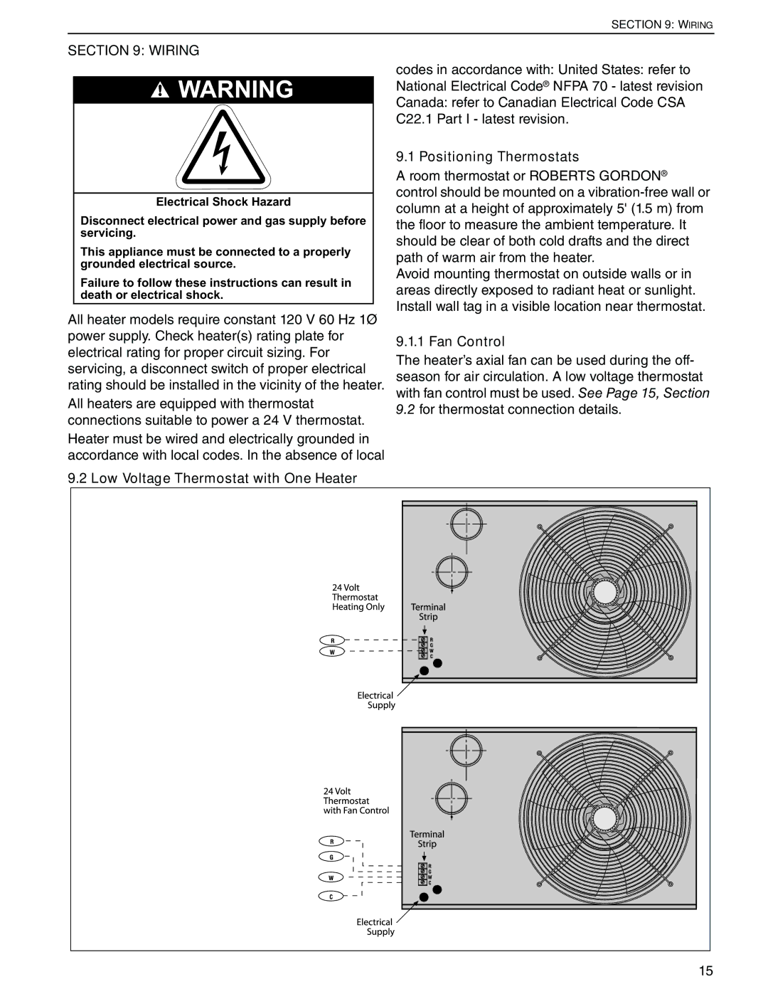 Roberts Gorden 200, 350, 150, 400, 300 Wiring, Low Voltage Thermostat with One Heater, Positioning Thermostats, Fan Control 