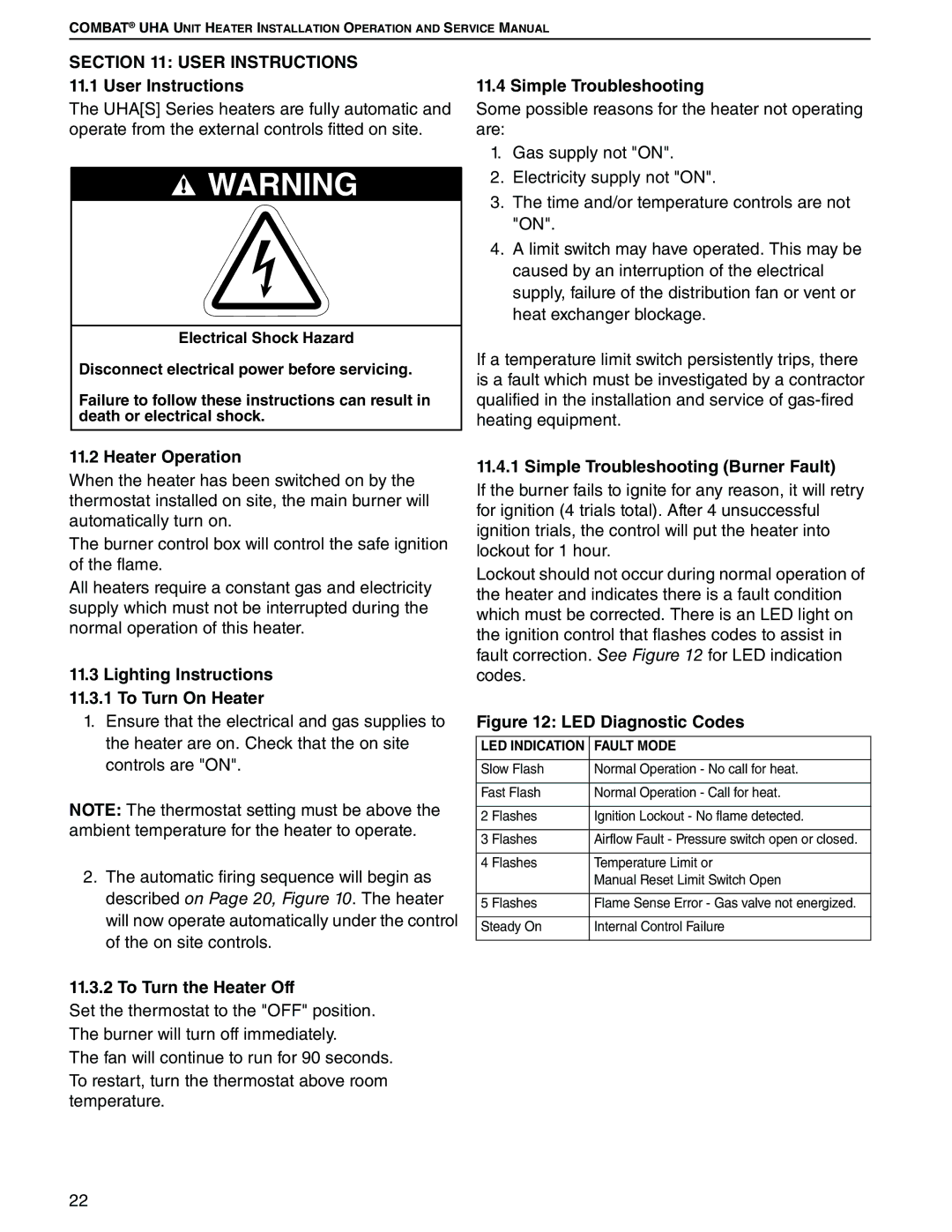 Roberts Gorden 200, 350, 150, 400 Heater Operation, Lighting Instructions 11.3.1 To Turn On Heater, To Turn the Heater Off 