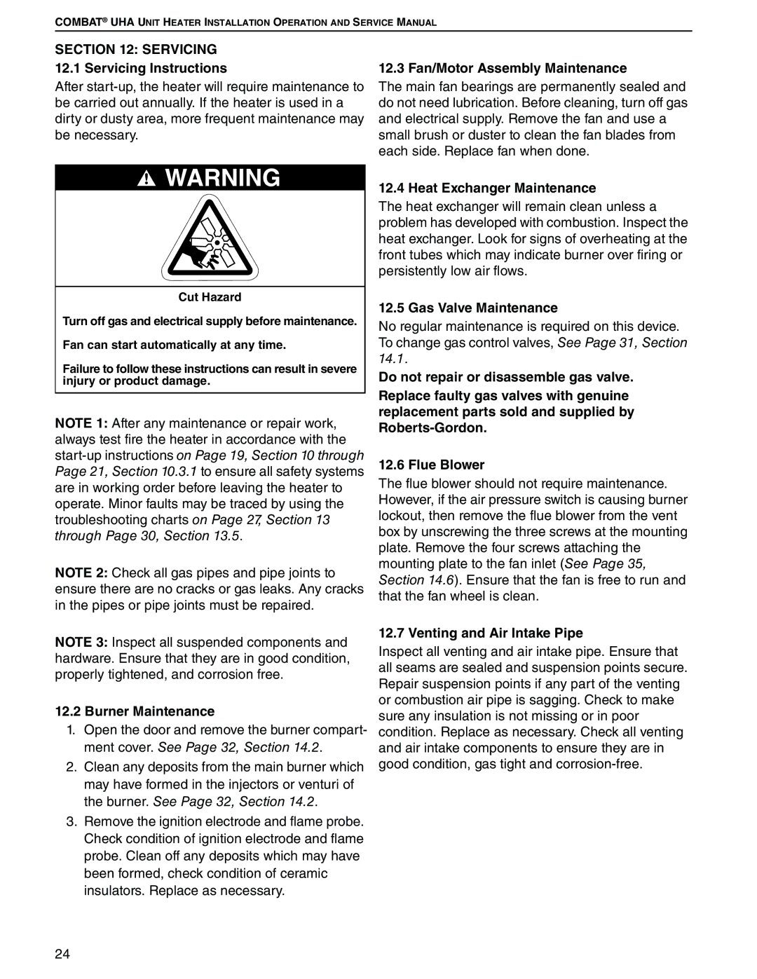 Roberts Gorden 150, 200, 350 Servicing 12.1 Servicing Instructions, Burner Maintenance, 12.3 Fan/Motor Assembly Maintenance 