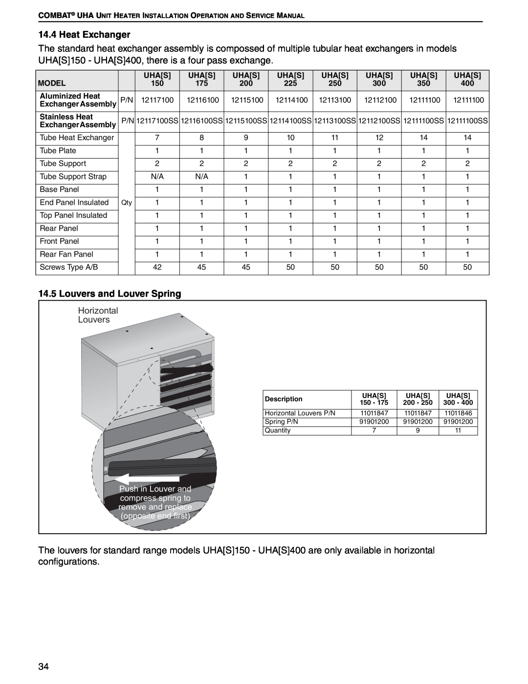 Roberts Gorden 175, 200, 350, 150, 400, 300, 225 250 service manual Heat Exchanger, Louvers and Louver Spring 