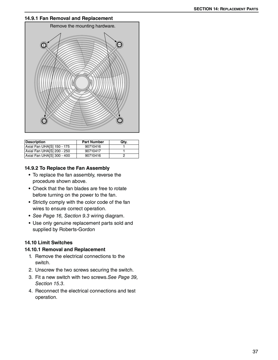 Roberts Gorden 350, 200, 150, 400 Fan Removal and Replacement, To Replace the Fan Assembly, See Page 16, .3 wiring diagram 