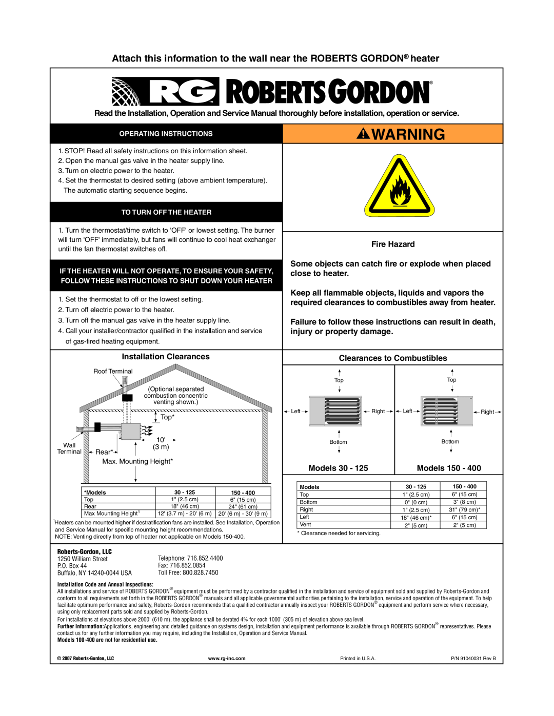 Roberts Gorden 400, 200, 350, 150, 300, 175, 225 250 service manual Fire Hazard 