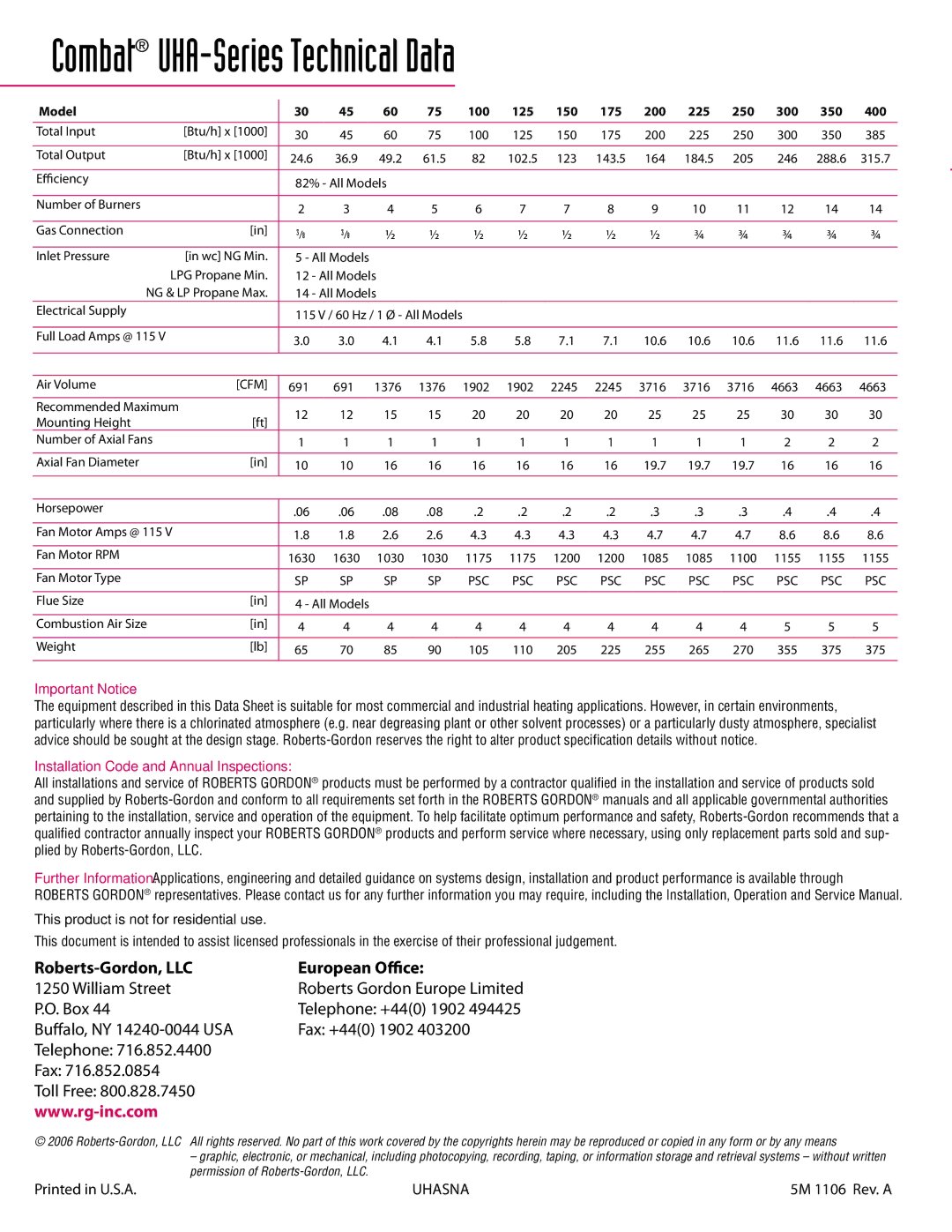 Roberts Gorden 30 - 125 manual Combat UHA-Series Technical Data, This product is not for residential use 