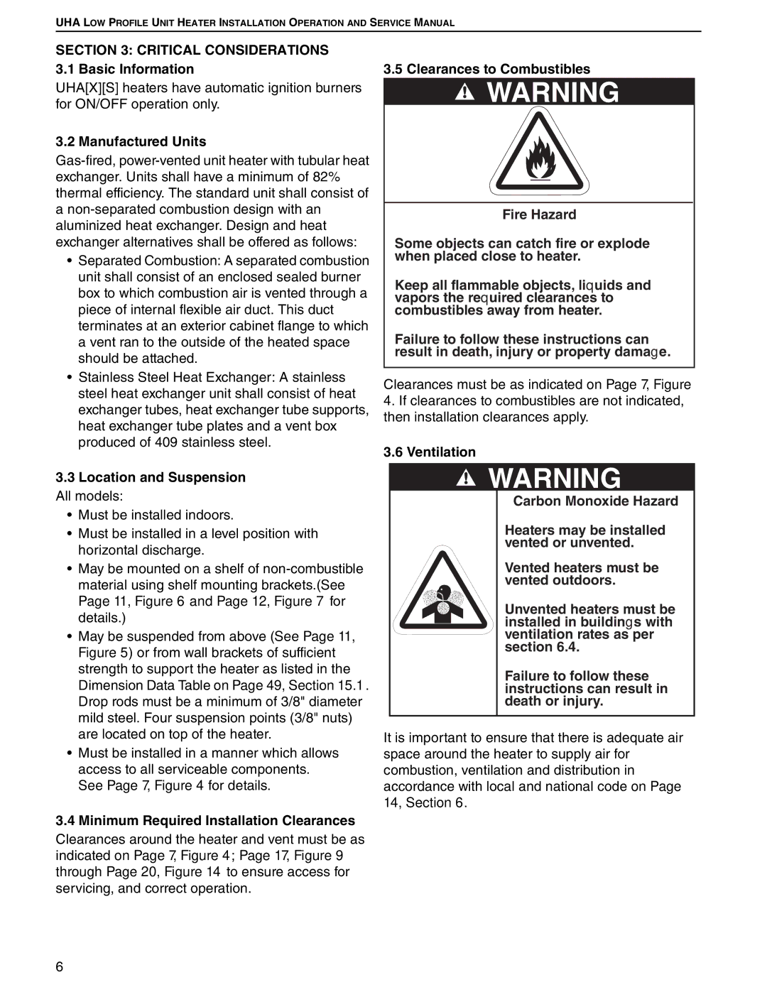 Roberts Gorden 75, 100, 125 Critical Considerations 3.1 Basic Information, Manufactured Units, Clearances to Combustibles 