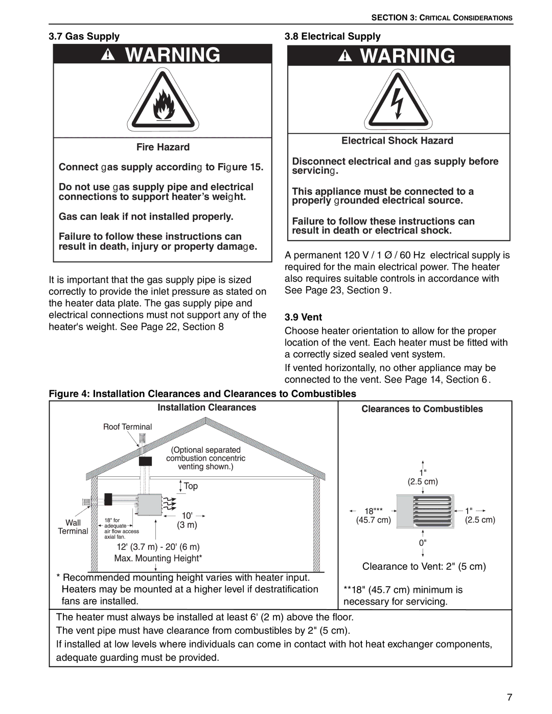 Roberts Gorden 100, 75, 125, 45, 30, 60 service manual Gas Supply, Electrical Supply, Vent 