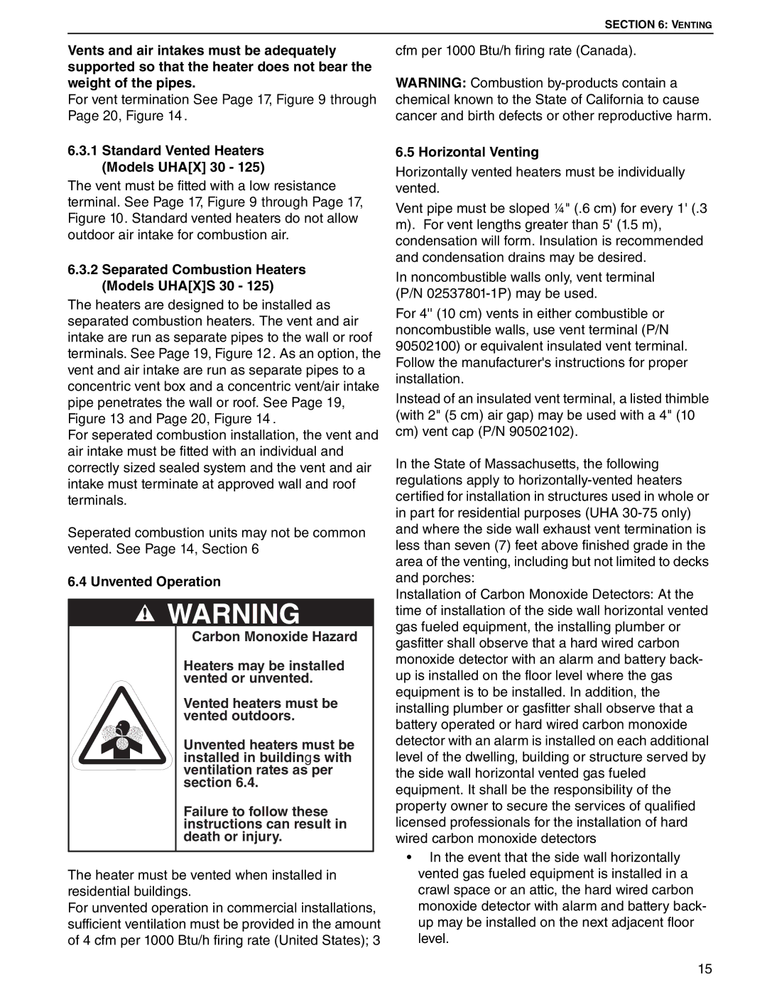 Roberts Gorden 45 Standard Vented Heaters Models Uhax 30, Separated Combustion Heaters Models Uhaxs 30, Unvented Operation 