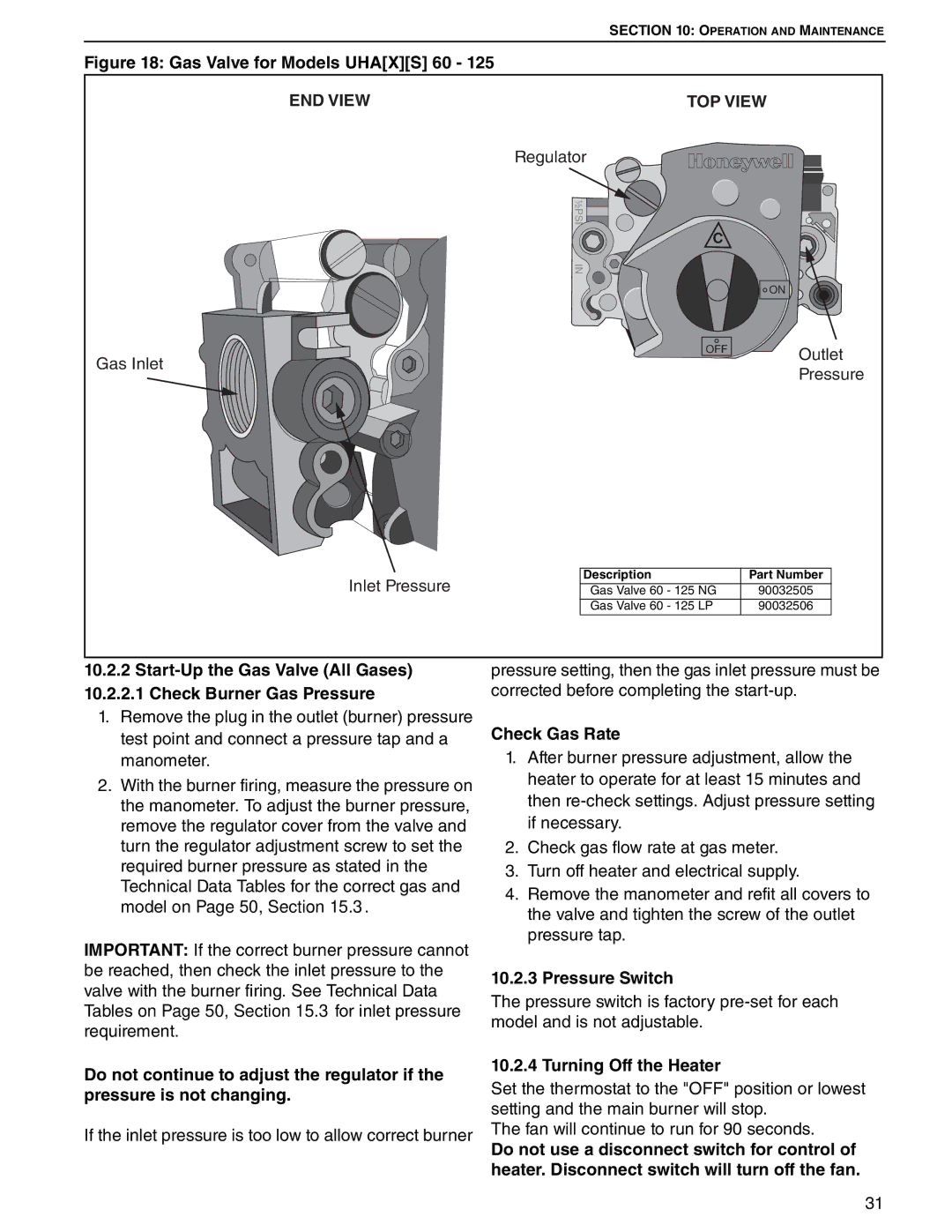 Roberts Gorden 100, 75, 125, 45, 30, 60 service manual Check Gas Rate, Pressure Switch, Turning Off the Heater 