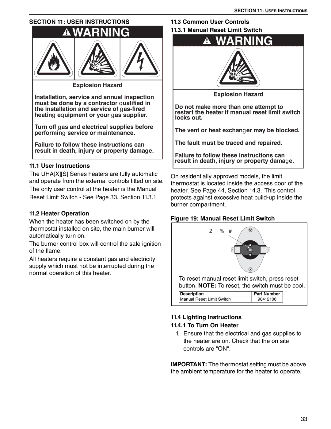 Roberts Gorden 45, 75, 100, 125, 30, 60 User Instructions, Heater Operation, Lighting Instructions 11.4.1 To Turn On Heater 