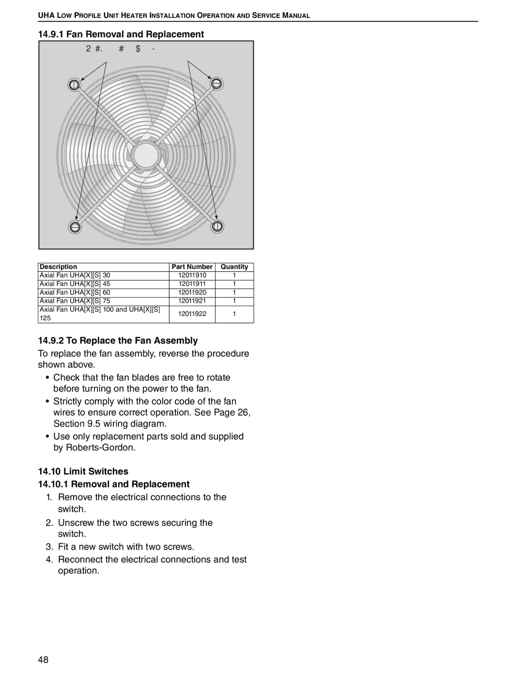 Roberts Gorden 75, 100, 45 Fan Removal and Replacement, To Replace the Fan Assembly, Limit Switches Removal and Replacement 