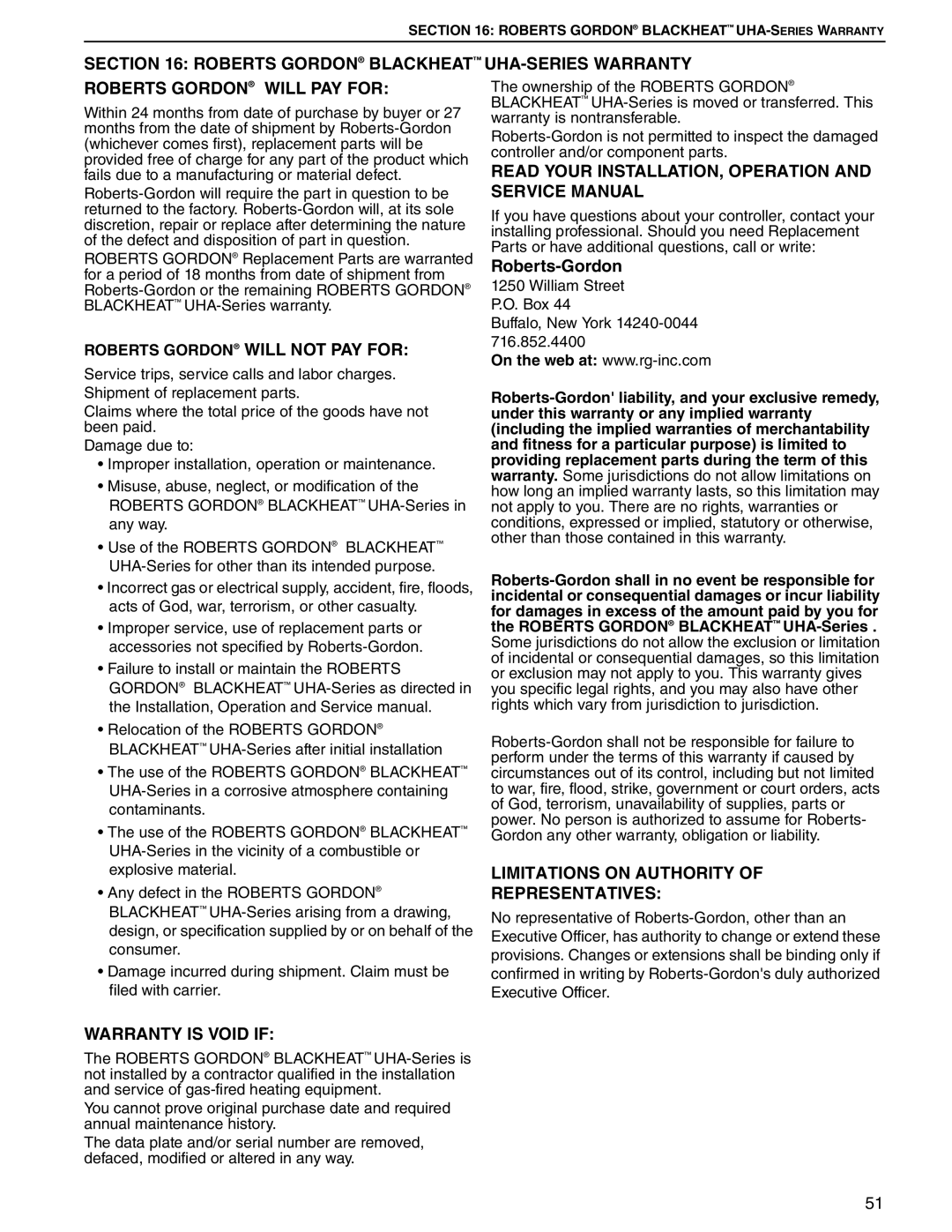 Roberts Gorden 45, 75, 100, 125, 30 Roberts Gordon will not PAY for, Roberts-Gordon, Limitations on Authority Representatives 