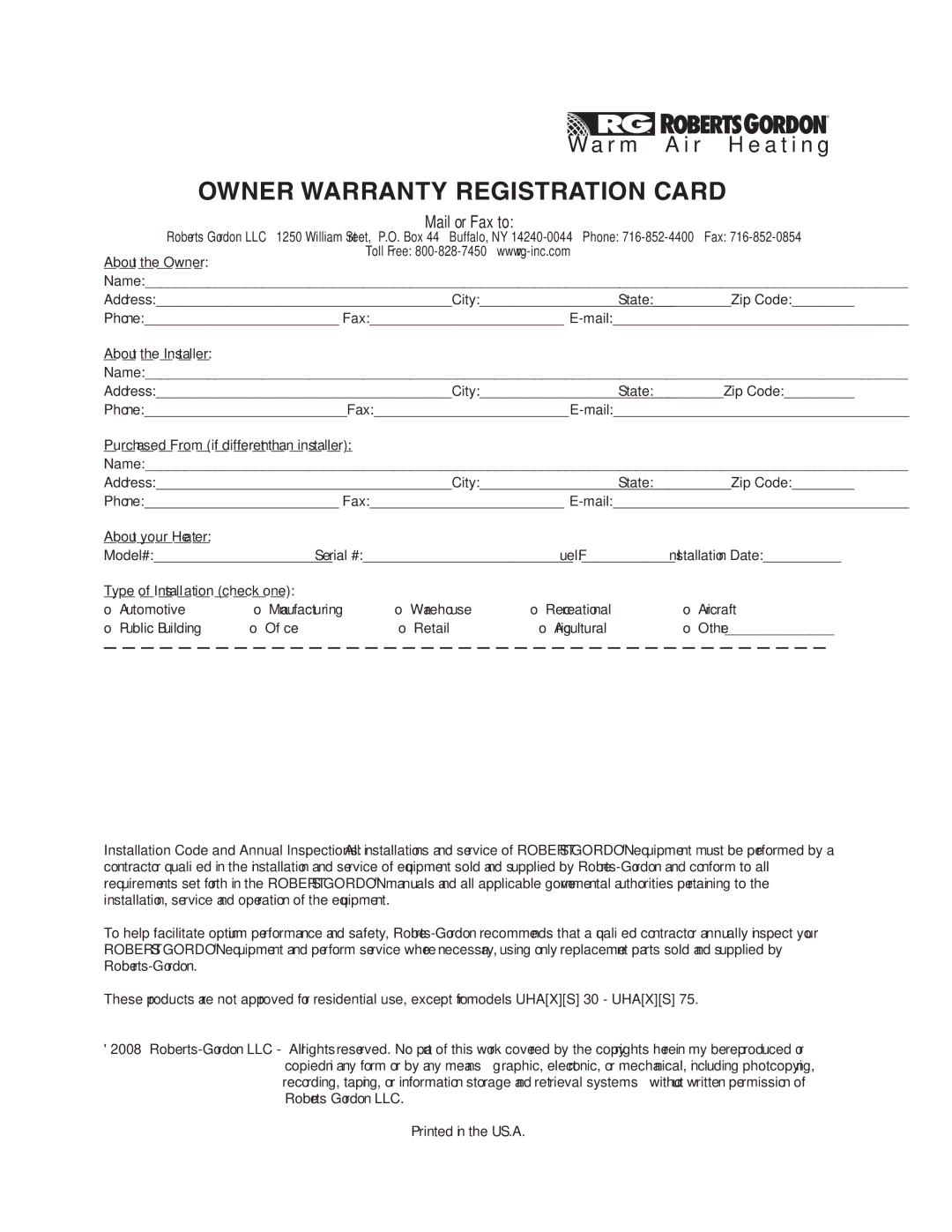 Roberts Gorden 60, 75, 100, 125, 45, 30 service manual Owner Warranty Registration Card 