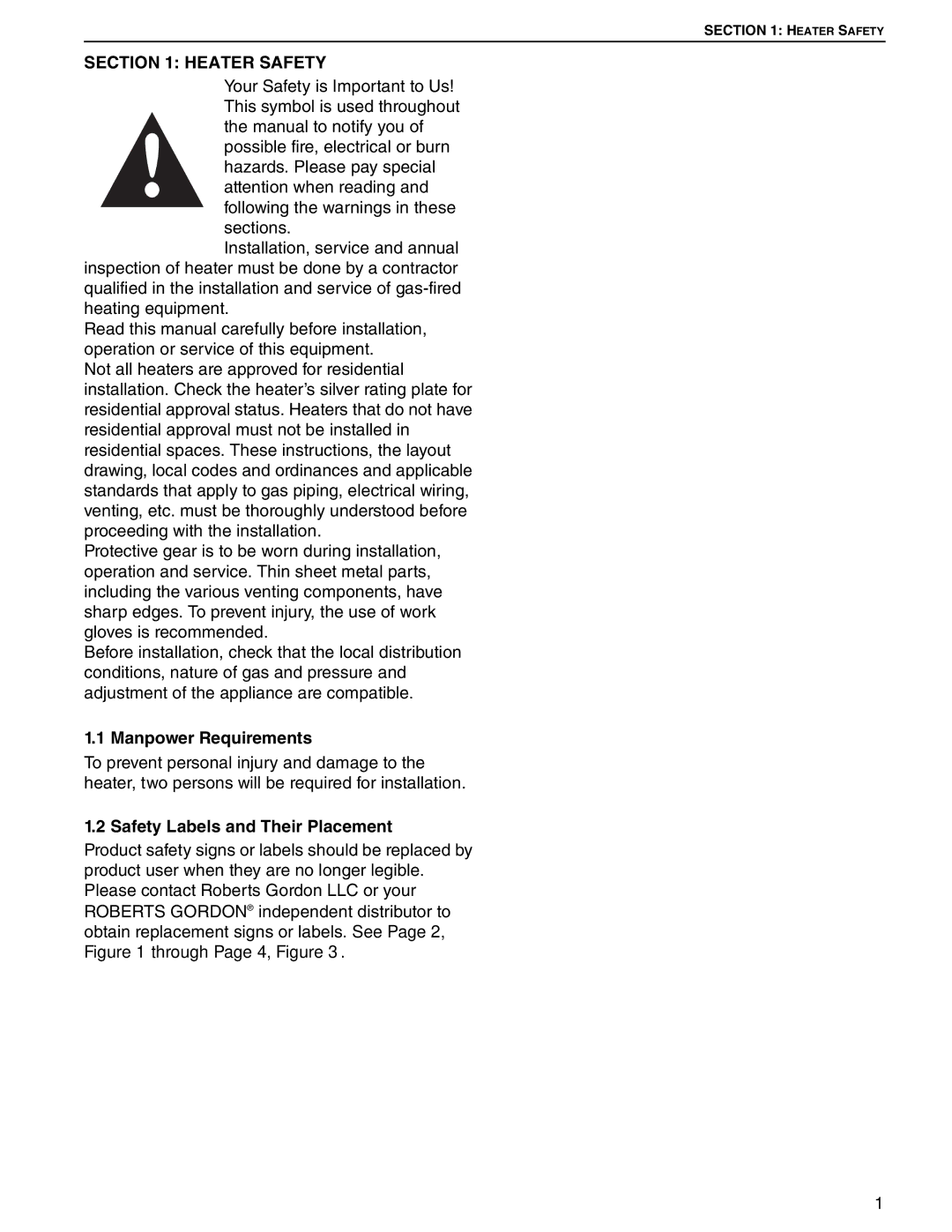 Roberts Gorden 100, 75, 125, 45, 30, 60 service manual Heater Safety, Manpower Requirements, Safety Labels and Their Placement 