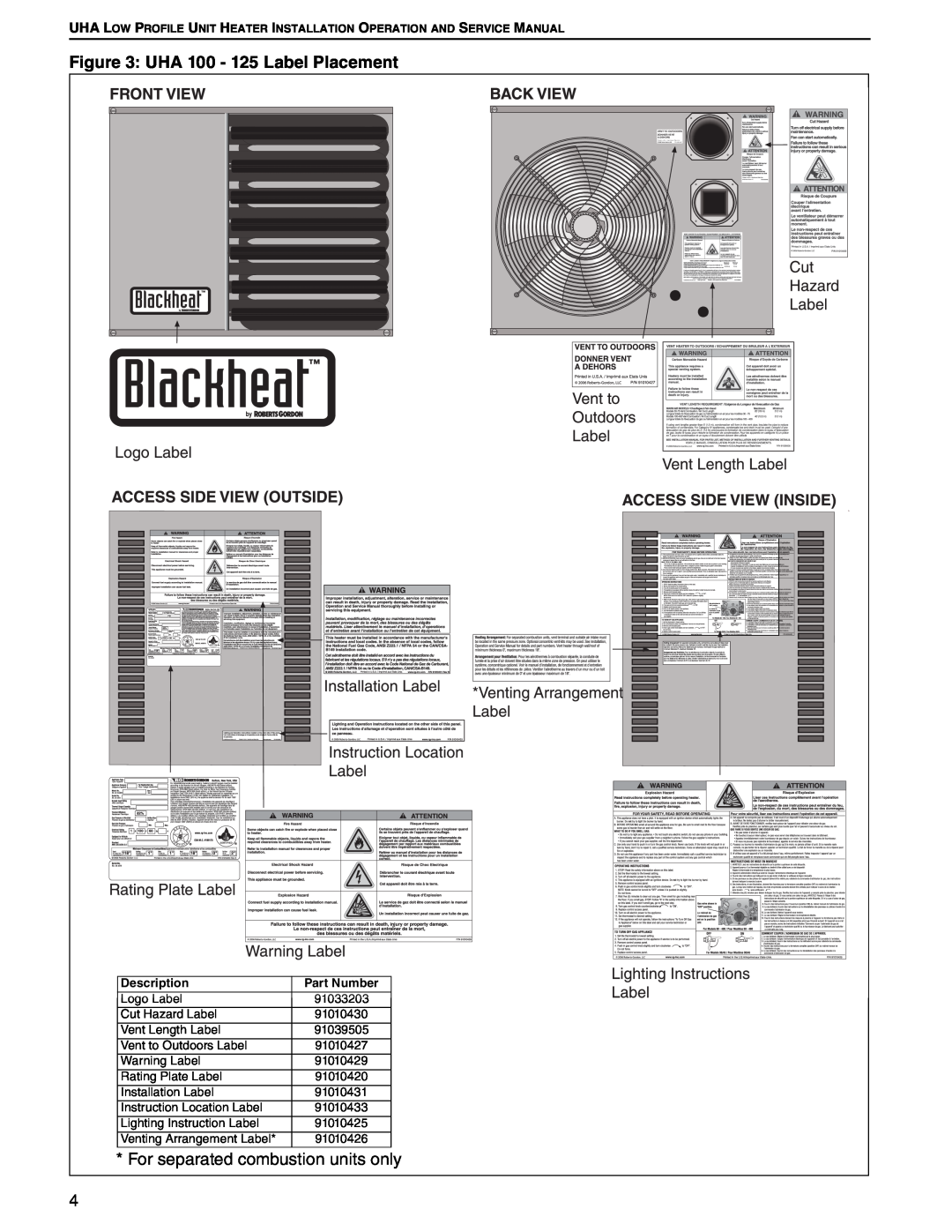 Roberts Gorden 30, 75, 45, 60 service manual UHA 100 - 125 Label Placement, For separated combustion units only 