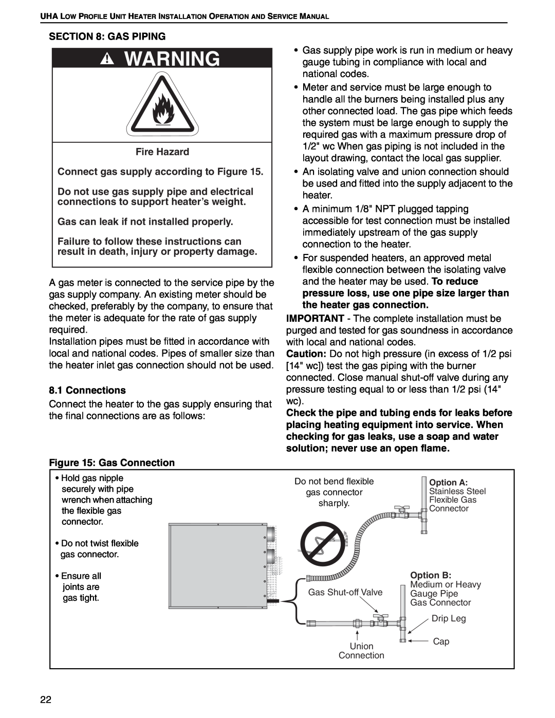 Roberts Gorden 30, 75, 100, 125, 45, 60 service manual Gas Piping, Connections, Gas Connection 