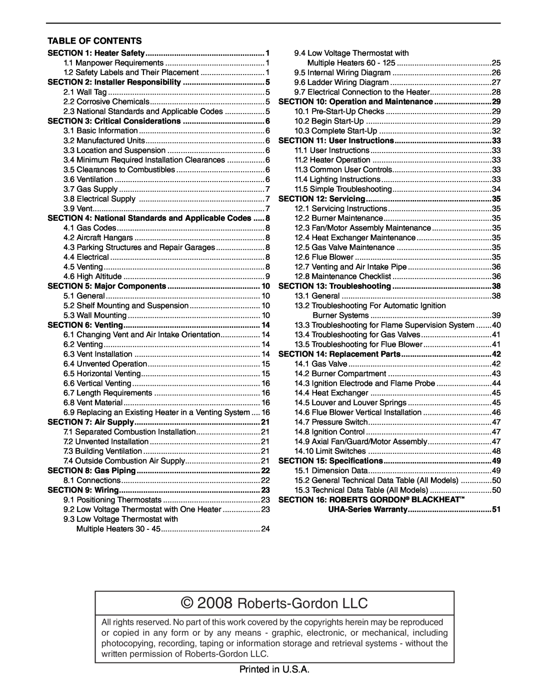 Roberts Gorden 45, 75, 100, 125, 30, 60 service manual Roberts-GordonLLC, Printed in U.S.A, Table Of Contents 