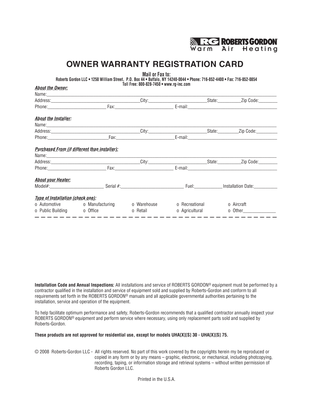 Roberts Gorden 60, 75 Owner Warranty Registration Card, W a r m, A i r H e a t i n g, About the Owner, About the Installer 