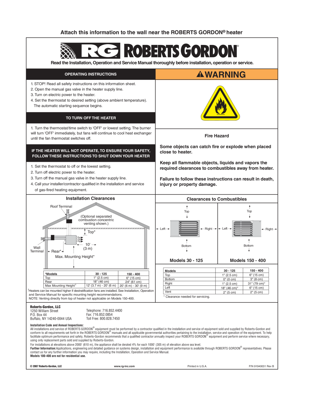 Roberts Gorden 125, 75, 100 Fire Hazard, close to heater, injury or property damage, Clearances to Combustibles, Models 150 