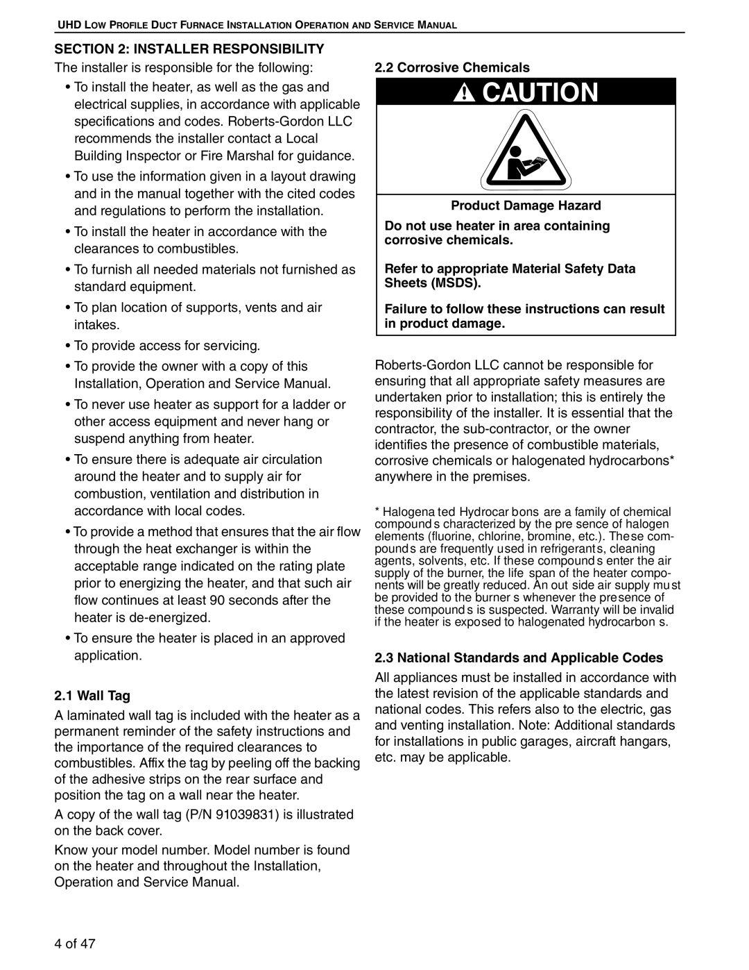 Roberts Gorden 75, 100 Installer Responsibility, Wall Tag, Corrosive Chemicals, National Standards and Applicable Codes 