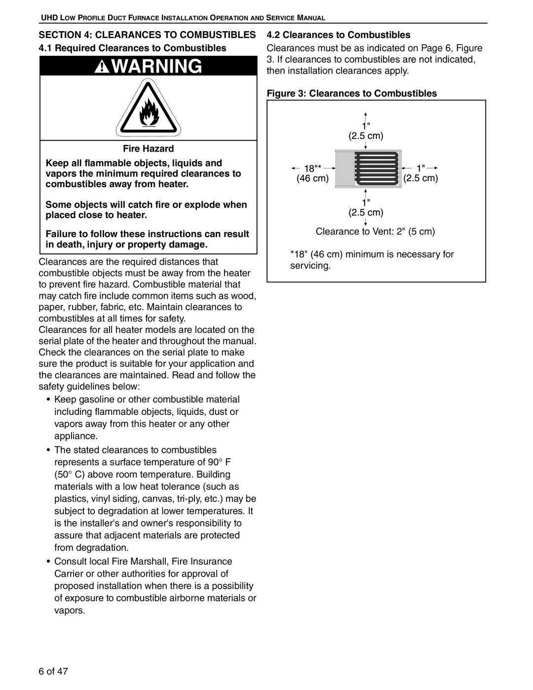 Roberts Gorden 125, 75, 100 service manual Clearances to Combustibles 