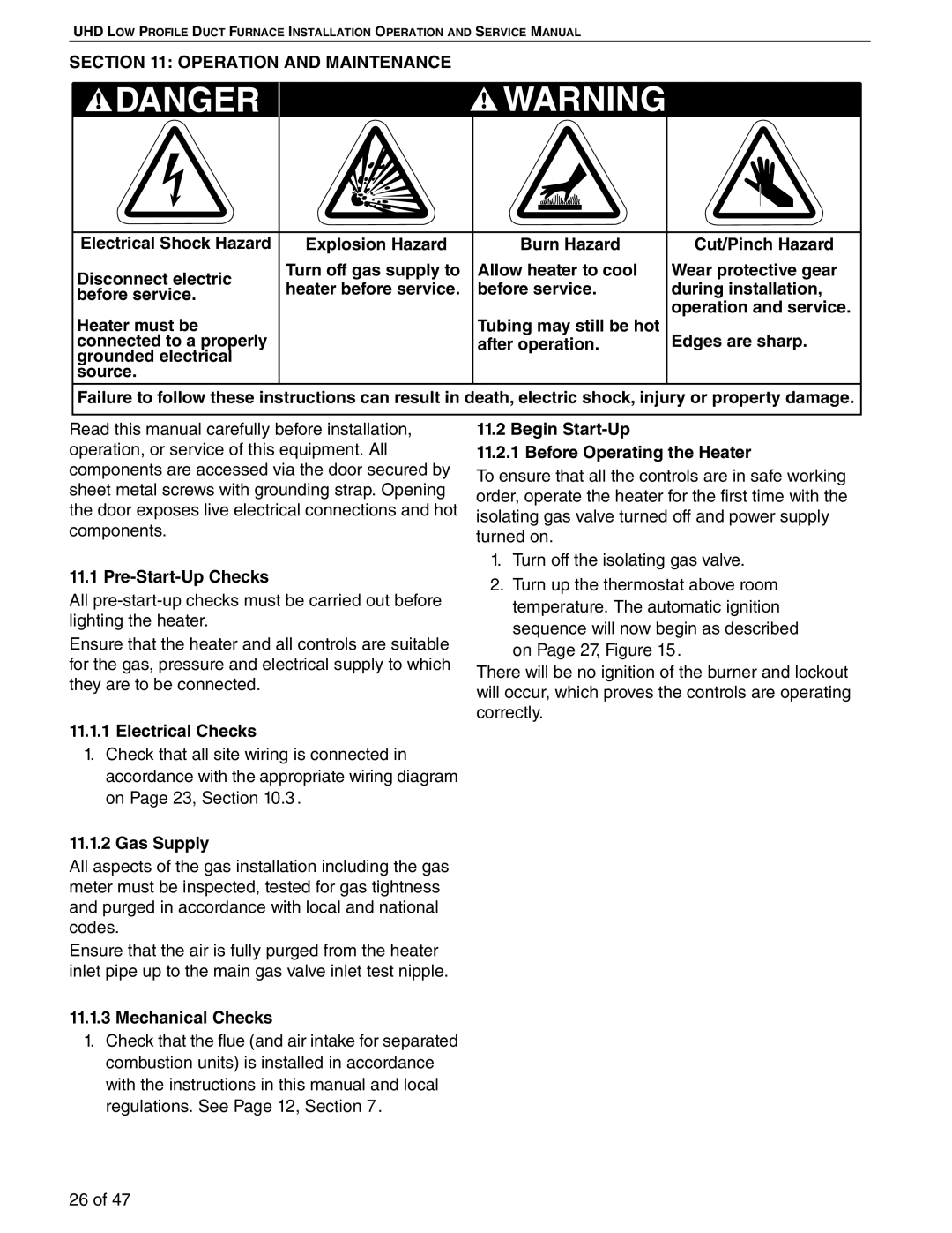 Roberts Gorden 100, 75, 125 Operation and Maintenance, Pre-Start-Up Checks, Electrical Checks, Mechanical Checks 