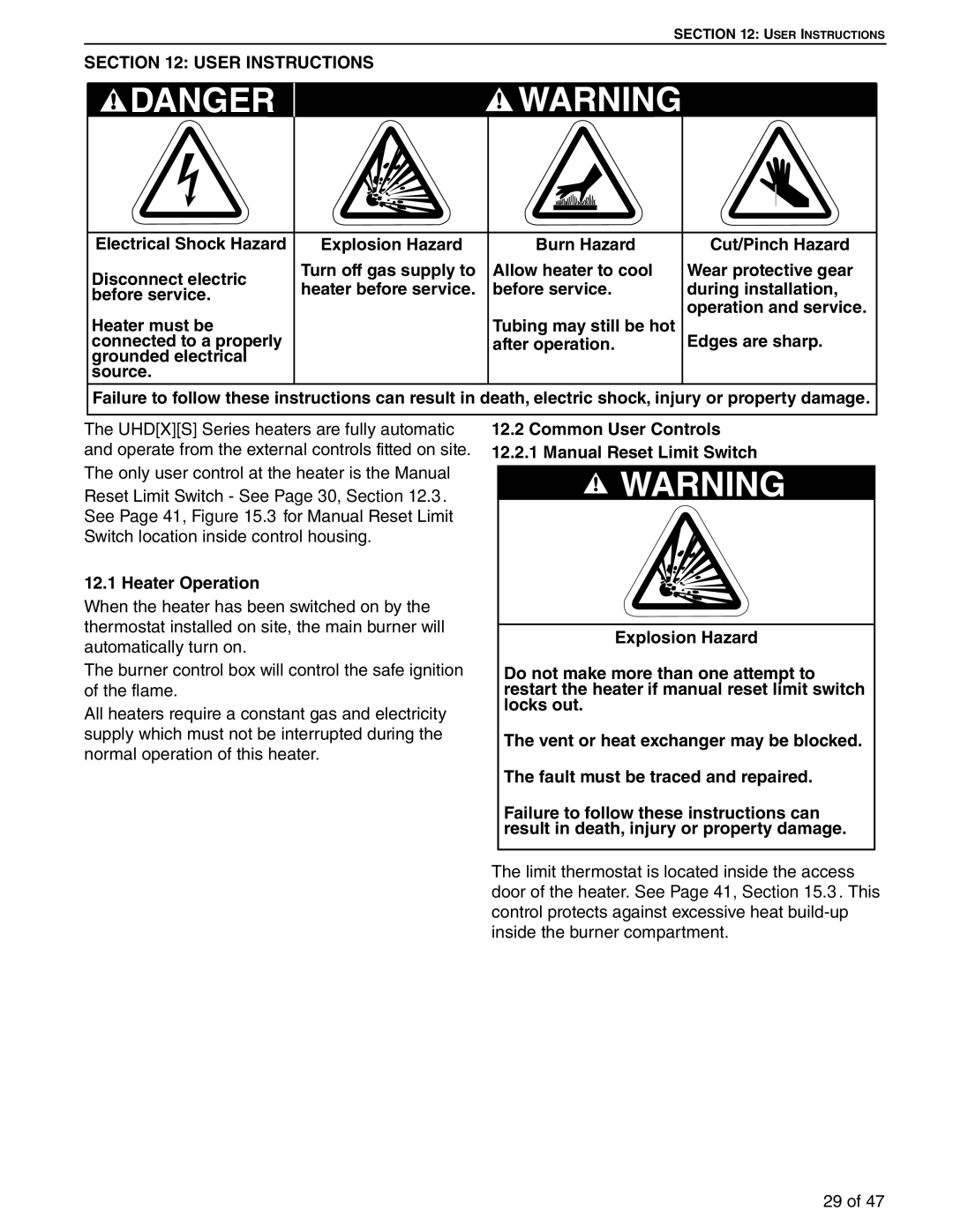 Roberts Gorden 100, 75, 125 service manual User Instructions, Heater Operation 