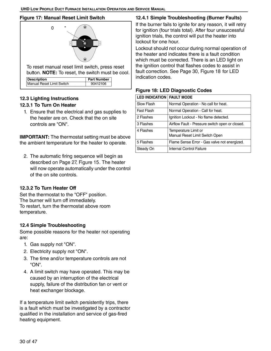 Roberts Gorden 125, 75, 100 Lighting Instructions 12.3.1 To Turn On Heater, To Turn Heater Off, Simple Troubleshooting 