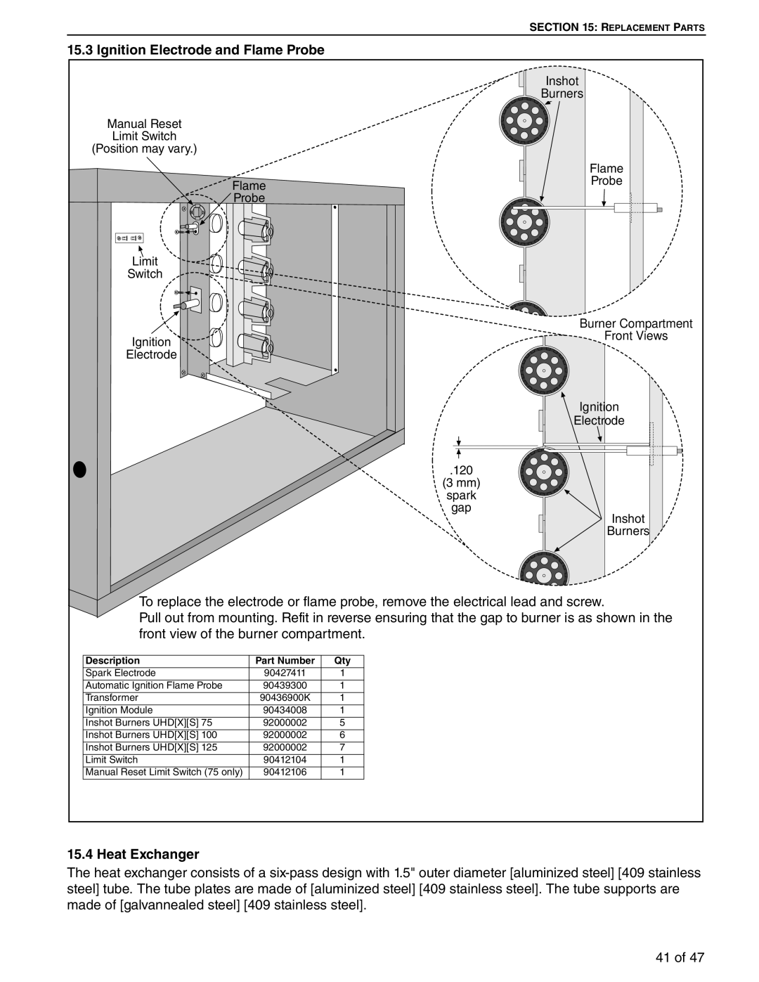 Roberts Gorden 100, 75, 125 service manual Ignition Electrode and Flame Probe, Heat Exchanger 