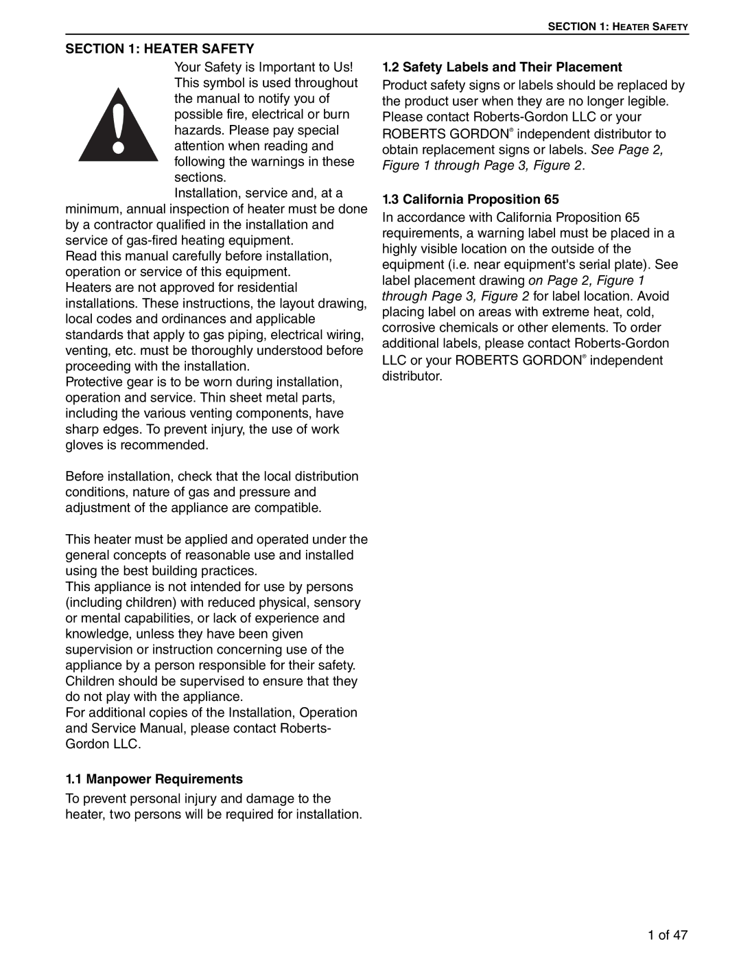 Roberts Gorden 75, 100, 125 Heater Safety, Manpower Requirements, Safety Labels and Their Placement, California Proposition 