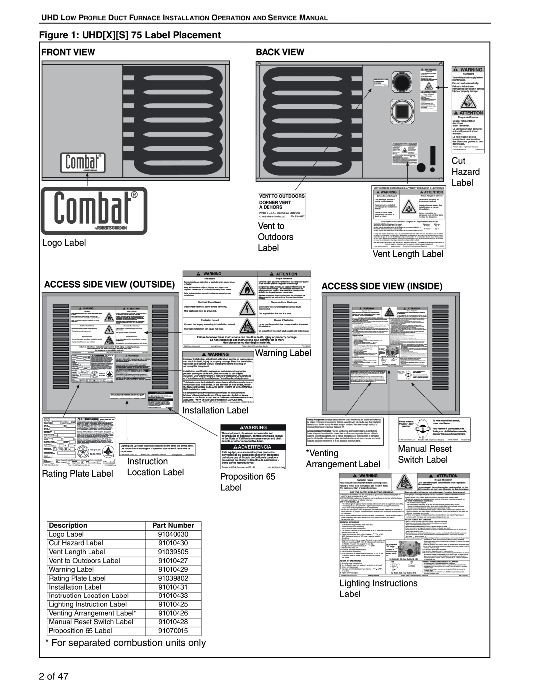 Roberts Gorden 100, 125 service manual UHDXS 75 Label Placement, For separated combustion units only, 2 of 