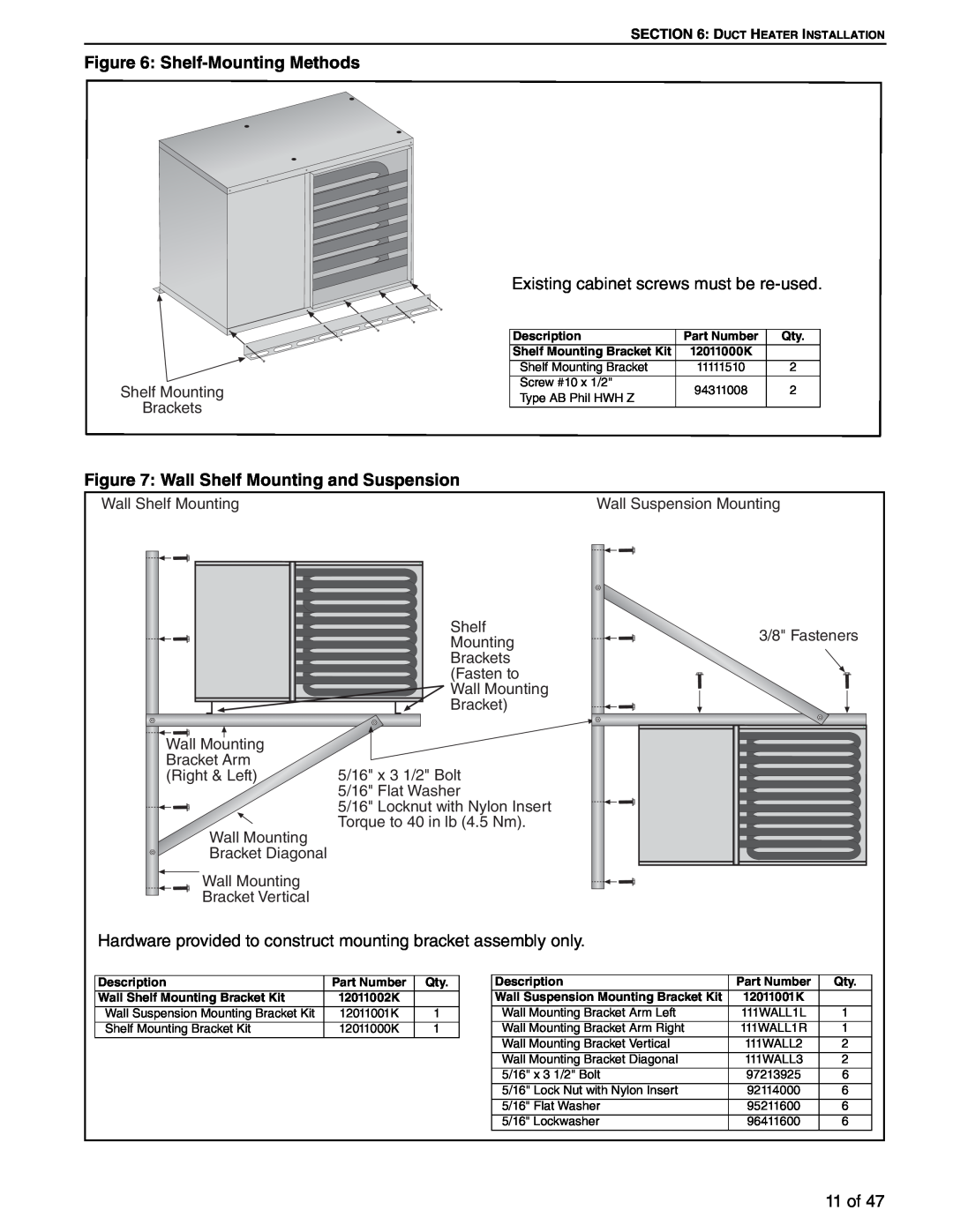 Roberts Gorden 100, 75 Shelf-MountingMethods, Wall Shelf Mounting and Suspension, Existing cabinet screws must be re-used 