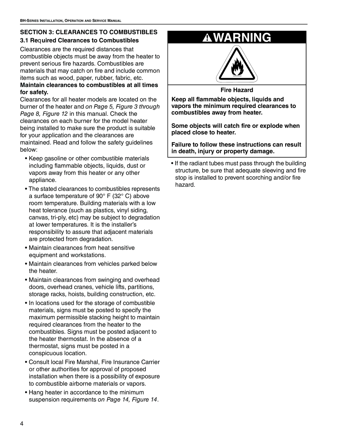 Roberts Gorden BH-40, BH-60, BH-150, BH-175, BH-115, BH-100, BH-140 Maintain clearances to combustibles at all times for safety 