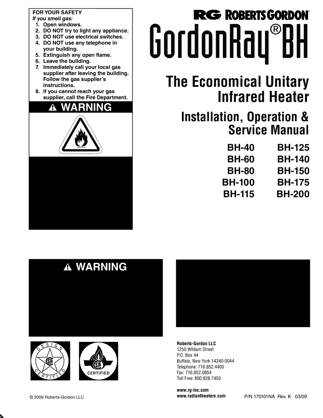 Roberts Gorden BH-150, BH-60, BH-40, BH-175, BH-115, BH-100, BH-140, BH-200, BH-80 service manual 