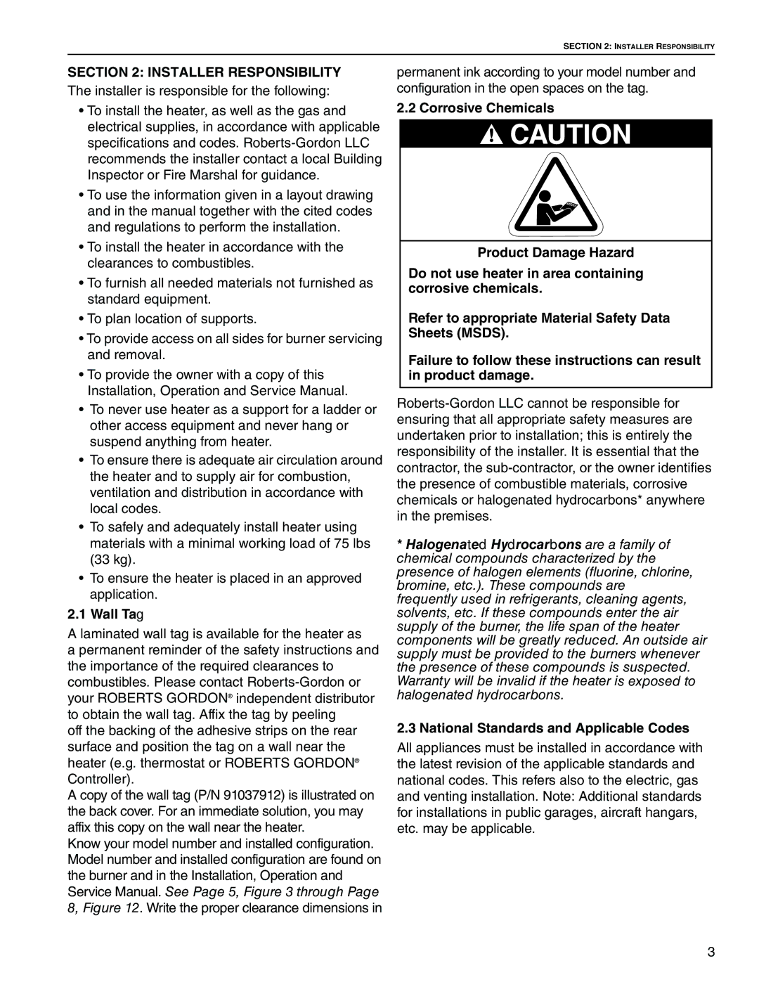 Roberts Gorden BH-60, BH-40, BH-150, BH-175 Installer Responsibility, Wall Tag, National Standards and Applicable Codes 