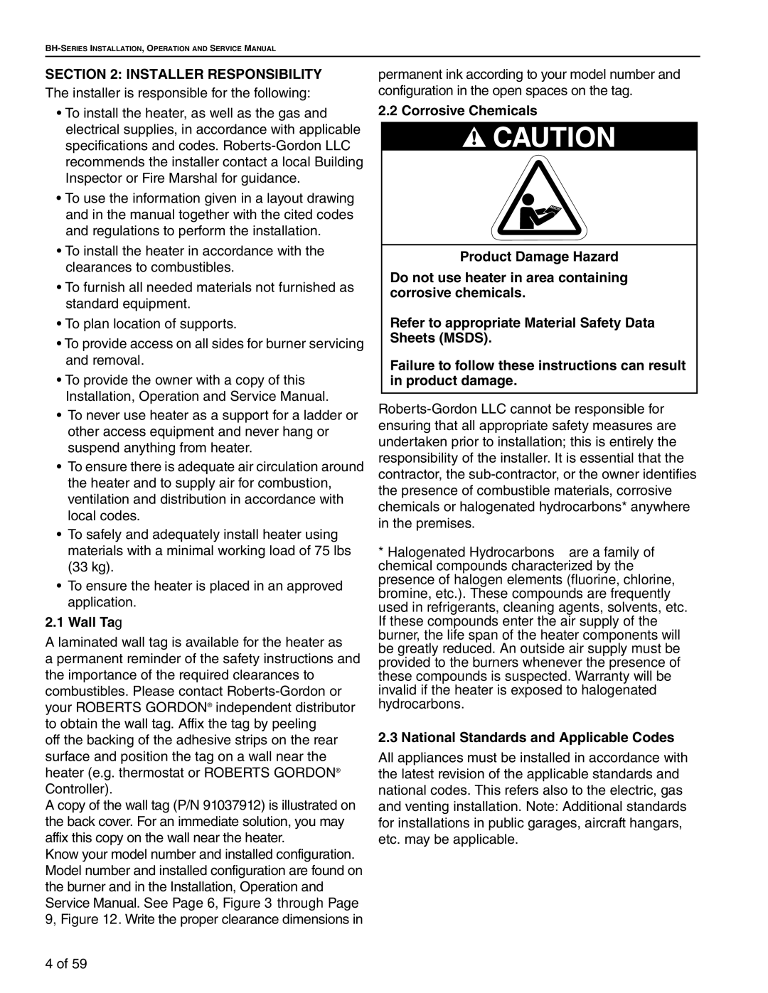 Roberts Gorden BH-60, BH-40, BH-150, BH-175 Installer Responsibility, Wall Tag, National Standards and Applicable Codes 