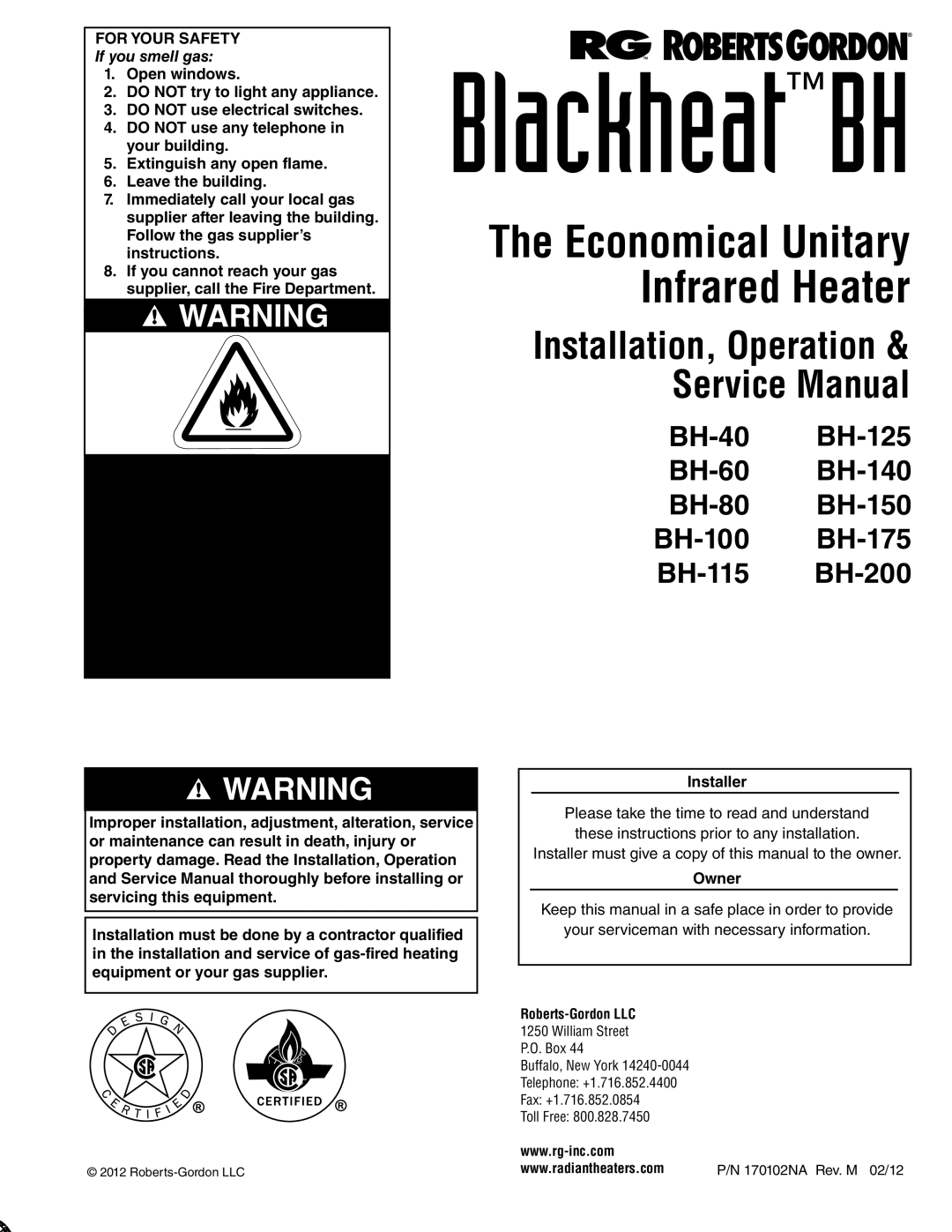 Roberts Gorden BH-150, BH-60, BH-40, BH-175, BH-115, BH-100, BH-140, BH-200, BH-80, BH-125 service manual 